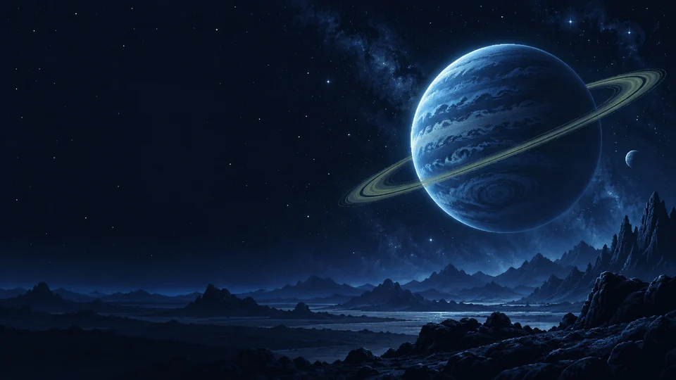 A blue ringed planet and a small moon above a rugged landscape beneath a star-filled sky.