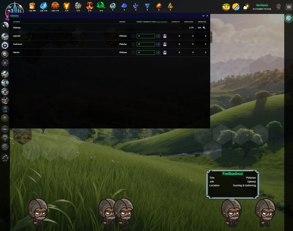 The Celestial Regime browser pre-alpha's Citizens panel, showing available Plebeians and roles for Agricola, Craftsmen, and Warrior citizens.