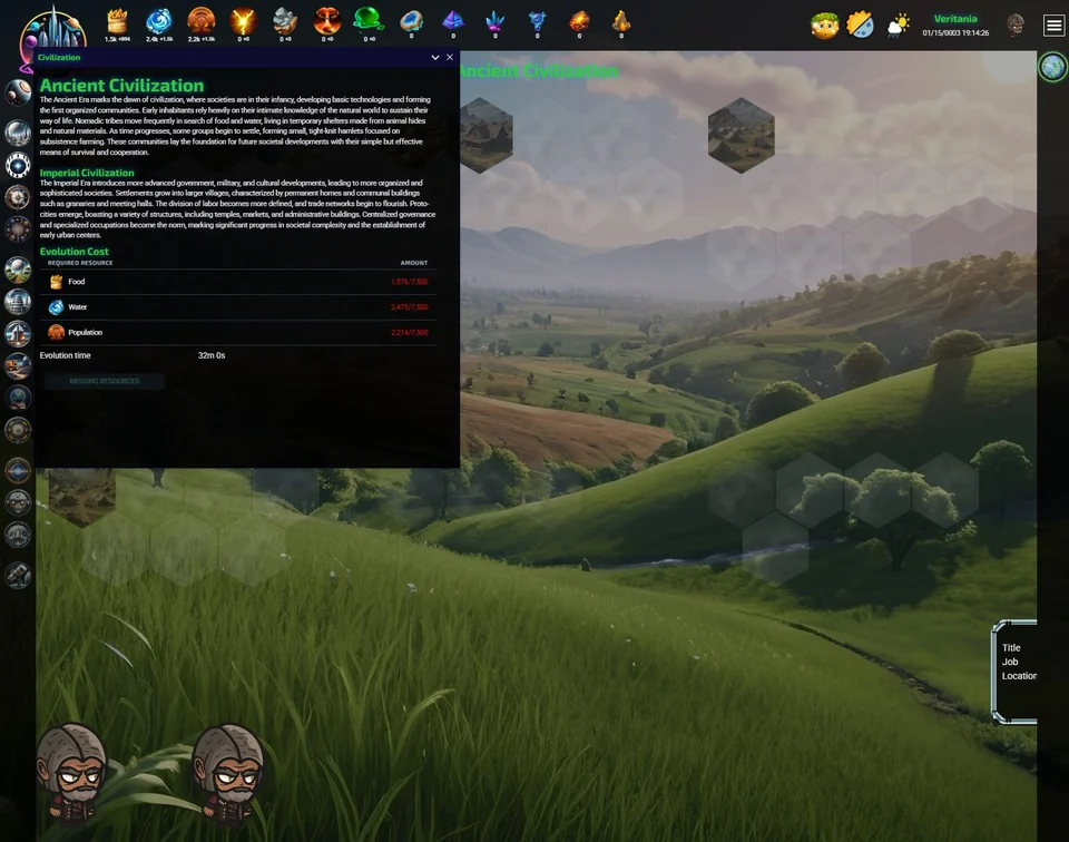 The Celestial Regime browser pre-alpha's Civilization panel, showing Ancient Civilization, Imperial Civilization, and the resources needed to evolve.