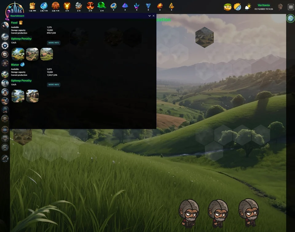 The Celestial Regime browser pre-alpha's Nourishment panel, showing food and water supplies, production, upkeep, and resource tiles.