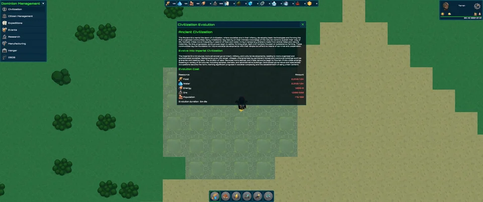 The playable Unity build's Civilization Evolution panel, showing the Ancient Civilization, the path to the Imperial Civilization, and its resource requirements.