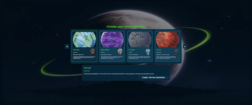 The playable Unity build's home-dominion selection screen, showing Terran, Gas Giant, Frozen, and Lava world types.
