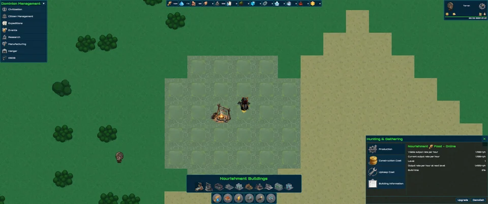 The playable Unity build's Terran dominion-management view, showing a completed Hunting and Gathering building producing food on the homeworld.