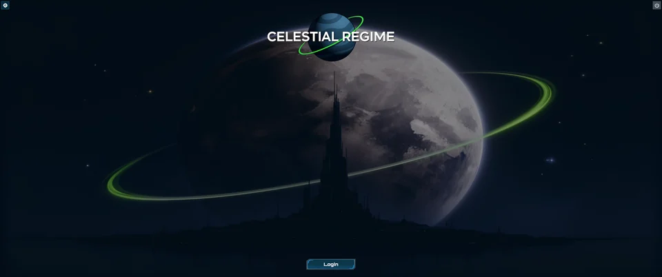 Celestial Regime's playable Unity build title screen, showing the game logo over a moonlit planet and orbital trails.