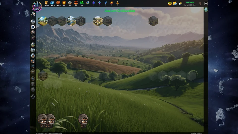 A live Celestial Regime browser-client view of Veritania, showing the Ancient Civilization map, resource HUD, terrain hexes, and Terrarch citizens.
